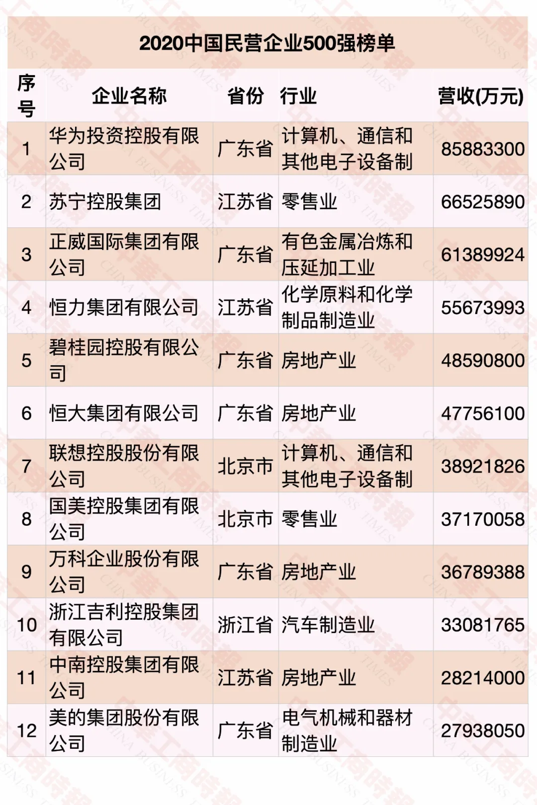 2020中国民营企业500强榜单