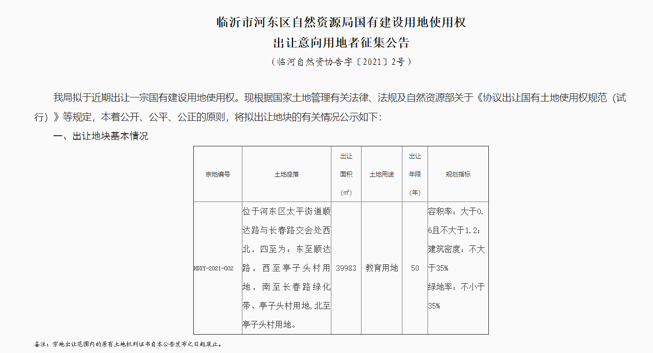 临沂河东国有建设用地出让！近4万平方米！作为教育用地！