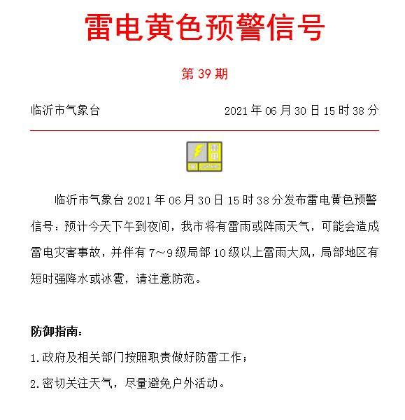 闪电气象吧丨临沂市发布雷电黄色预警 局部或有短时强降水和冰雹