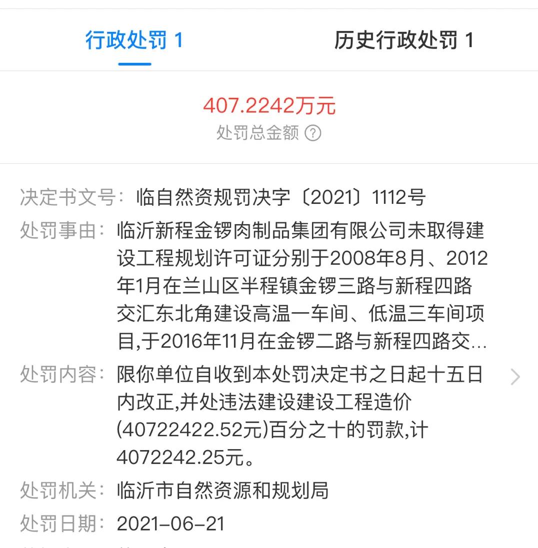 山东临沂：金锣集团因“无证建厂”被罚407.2242万元